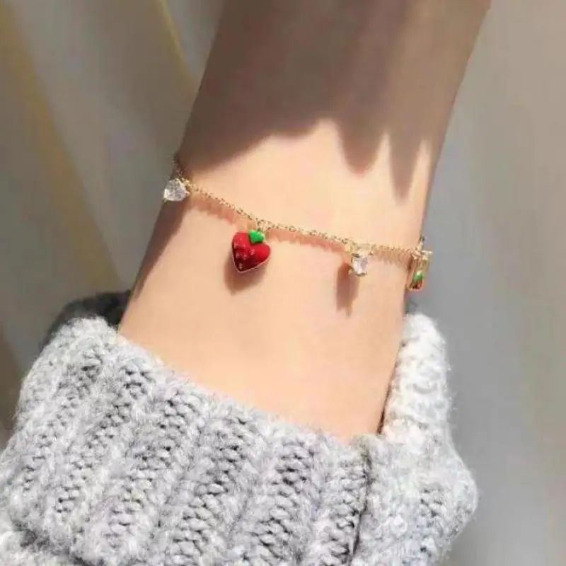 Top Trends: Korean New Girl Red Strawberry Charms Bracelet 2023 Trendy Zircon Small Fresh Student Heart Bracelets For Women Friendly Gift Shoppable Styles