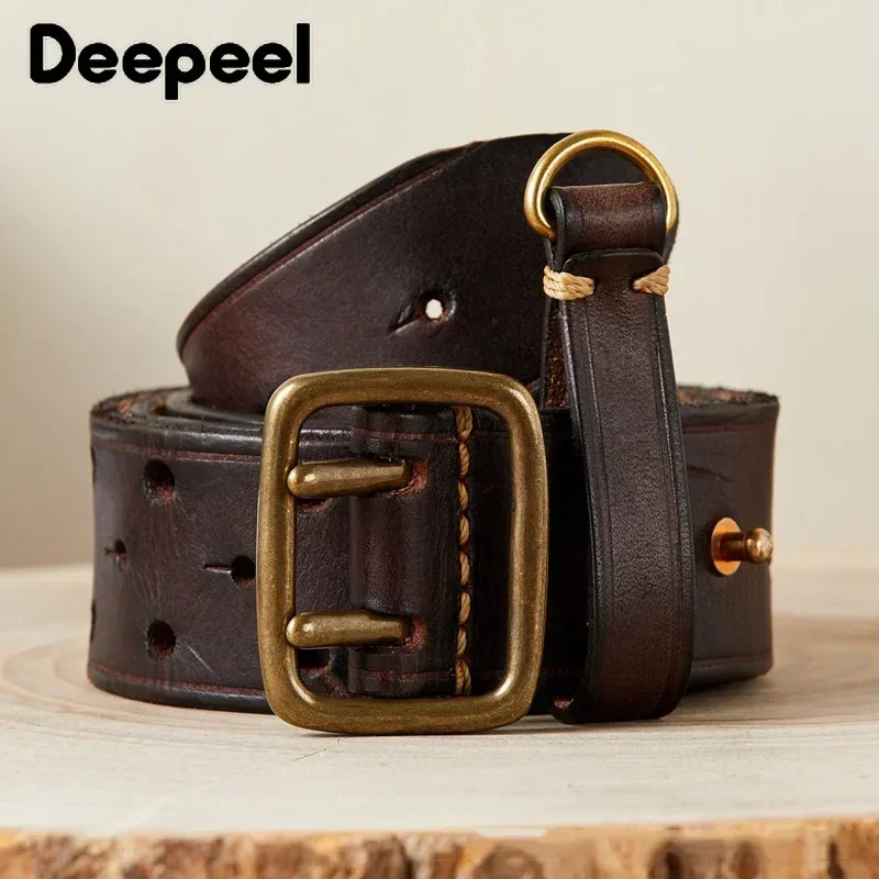 Top Trends: Deepeel Men's Genuine Leather Pure Cowhide Belt Fashion Double Pin Buckle Belts Retro Youth Jeans Waistband Apparel Accessories Shoppable Styles