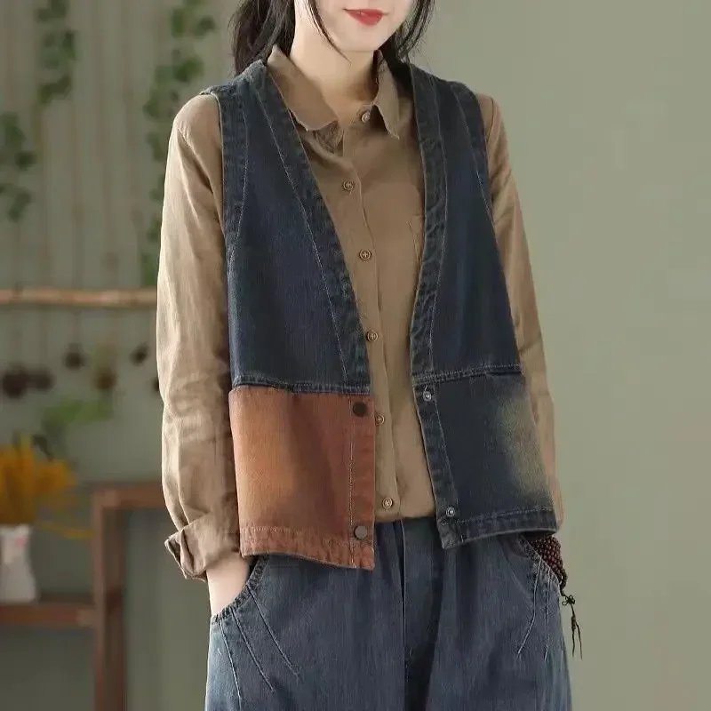 Top Trends: Korean Version Retro Denim Vest Spring And Summer Women&#039;s Clothing Loose Plus Size Coat Short Fashion Color Matching V Neck New Shoppable Styles