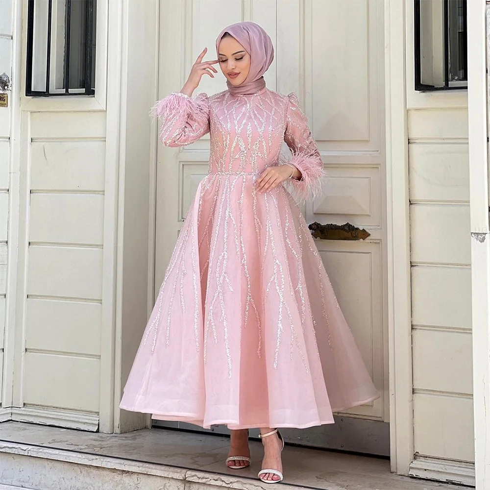 Top Trends: Sevintage Modest Pink Sequined Beading Prom Dresses Long Sleeves High-Neck A-Line Arabic Muslim Evening Dress Engagement Gowns Shoppable Styles