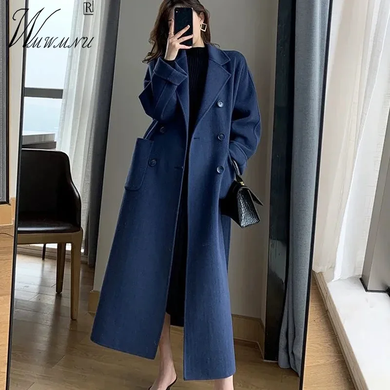 Top Trends: Elegant Belt Long Wool Blends Coats Oversize 90kg Korean Thick Winter Outerwear Double Breasted Woolen Chaquetas Warm Jacket Shoppable Styles