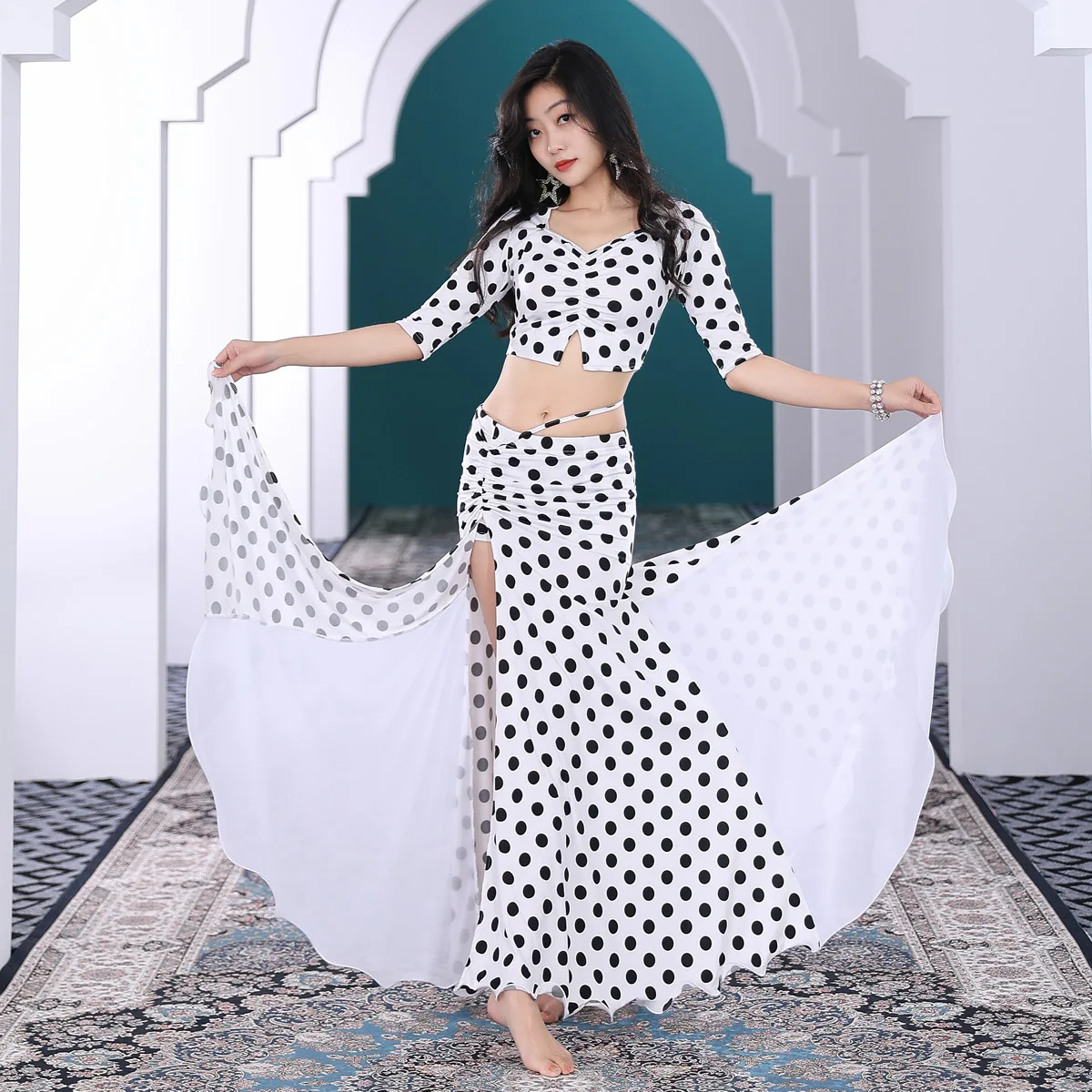 Top Trends: Belly Dance Costume Set For Women Practice Suit Sexy Wave Point Long Skirt Suit Oriental Dance Performance Clothes Group Outfit Shoppable Styles