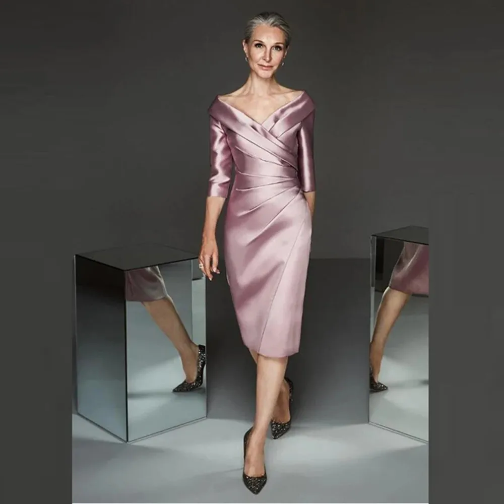 Top Trends: 2022 Simple Modern Sheath Lilac Satin Plunge V Neckline Mother Dress Knee Length Mother Of The Groom Gowns Three Quarter Sleeve Shoppable Styles