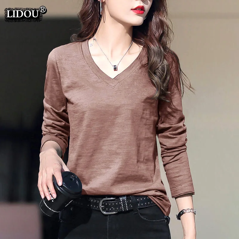 Top Trends: Women&#039;s Clothing All-match Bottoming Comfortable Popularity 2022 T-Shirts V-neck Solid Color Long Sleeved Spring Autumn Tops Shoppable Styles