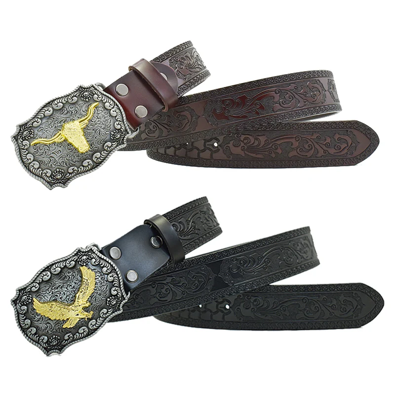 Top Trends: Western Flower Eagle Dragons Carved Men Leather Belt Retro Pin Buckle Men Jeans Causal Pants Belt Shoppable Styles