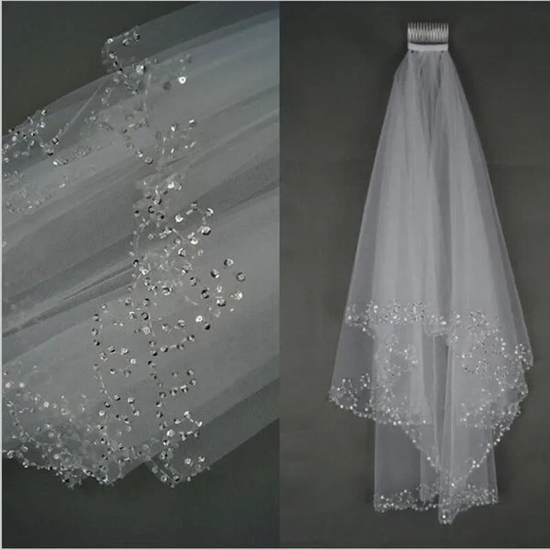 Top Trends: Short Beaded Wedding Veil Two Layer White / Ivory Sequin Tulle 75 CM Length With Comb Beaded Edge Woman Bridal Accessories Shoppable Styles