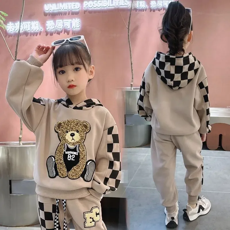 Top Trends: Girl&#039;s Hooded Sweatshirt Suit 2023 New Spring And Autumn Western Style Chessboard Plaid Bear Spring Clothes Shoppable Styles