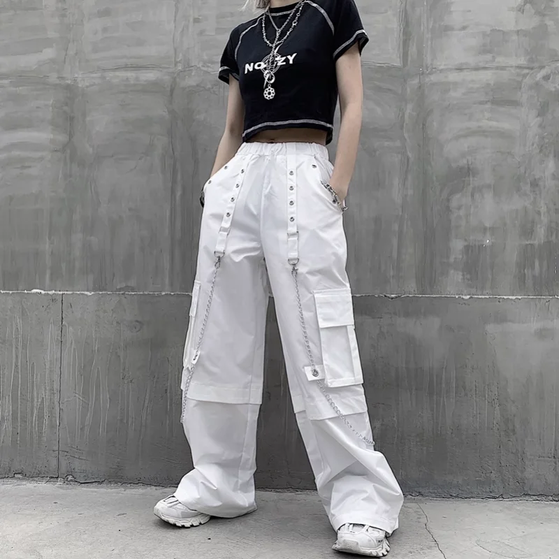 Top Trends: White Cargo Pants Woman Oversized Hippie Streetwear Pocket The Chain Elastic High Waist Trousers Baggy Korean Style Fashion Shoppable Styles - Image 2