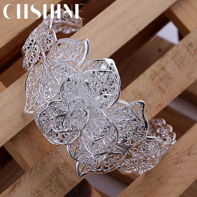 Top Trends: 925 Sterling Silver Jewelry Bangle Hot Engagement Jewelry Exquisite Retro Charm Hollow Big Women Lady Flowers Openings Bracelet Shoppable Styles