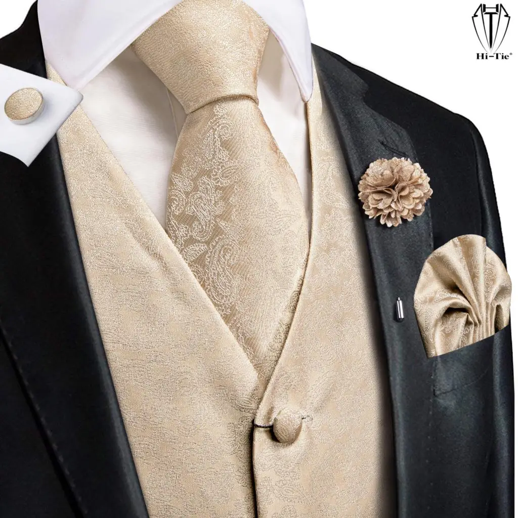 Top Trends: Hi-Tie High Quality Silk Mens Vests Champagne Paisley Waistcoat Neck Tie Hanky Cufflinks Brooch Set For Men Suit Wedding Office Shoppable Styles