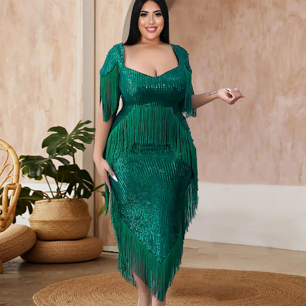 Top Trends: Plus Size Women Party Dresses Club Sequin Tassels Fringe Dress Female Fashion Elegant Bodycon Gowns 2023 Christmas Casual Outfit Shoppable Styles