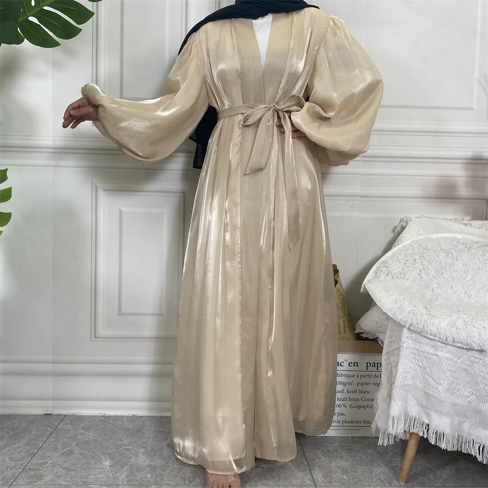 Top Trends: New Fashion Arab Silk Elastic Lantern Sleeve Cardigan Abaya Kimono Muslim Coat Jalabiya For Women Abrigo Mujer Largos Musulmana Shoppable Styles