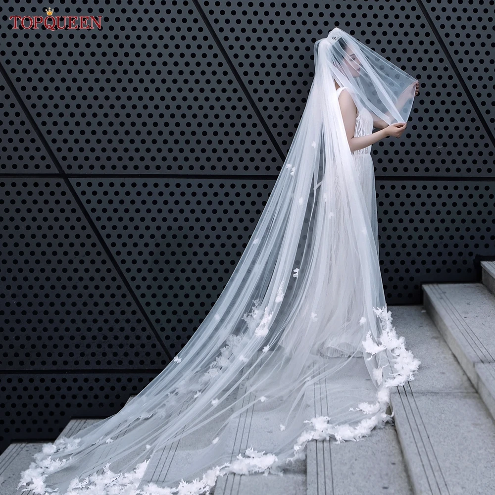 Top Trends: TOPQUEEN V150 3d Flowers Wedding Veils For Bride Luxury Cathedral Lace Floral Bridal Veil Soft Italian Tulle Bohemian Chic Shoppable Styles