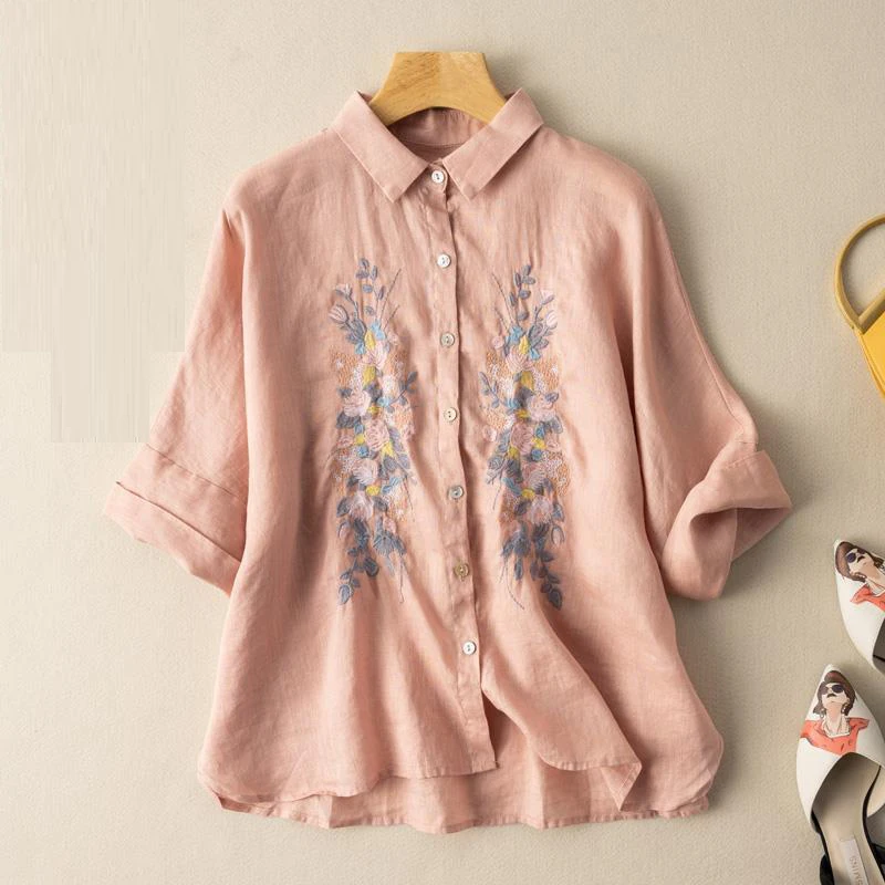 Top Trends: Summer Ethnic Vintage Style Embroidery Cotton Linen Loose Casual Shirt Women Short Sleeve Oversized Comfortable Blouse Clothing Shoppable Styles - Image 4