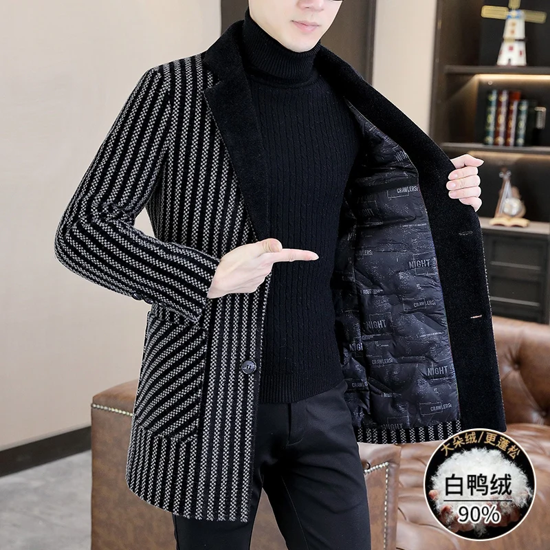 Top Trends: Classic 2023 Winter Men's Mid-Long Warm White Duck Down Woolen Coat Business Casual Striped Thicken Overcoat Outwear Windbreaker Shoppable Styles