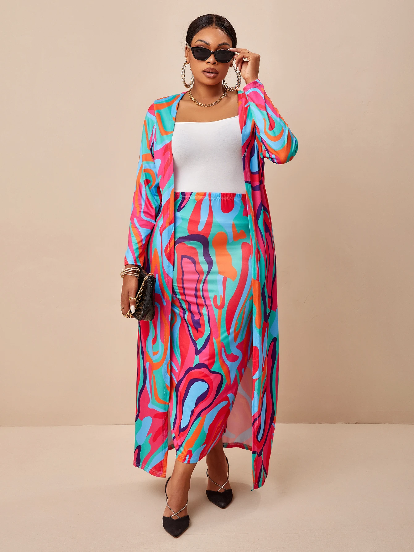 Top Trends: LW Abstract Ripple Print Two-piece Set Open Front Long Length Cardigan & Off Shoulder Tube Dress 2pcs Outfits Shoppable Styles