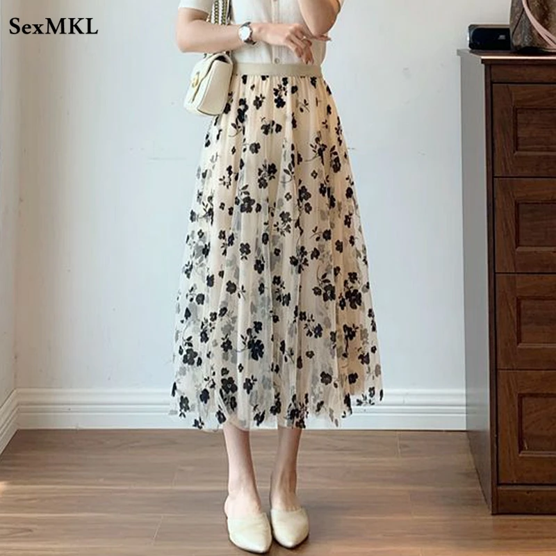 Top Trends: Elegant A Line Tulle Skirts Women 2023 Fashion High Waist Casual Faldas Largas Korean Floral Printed Black Pleated Long Skirt Shoppable Styles