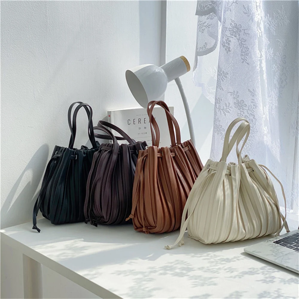 Top Trends: 2023 NEW Summer Pleated Bucket Bags Luxury Handbags Women Leather Shoulder Bags Drawstring Designer Small Crossbody Bag Shoppable Styles