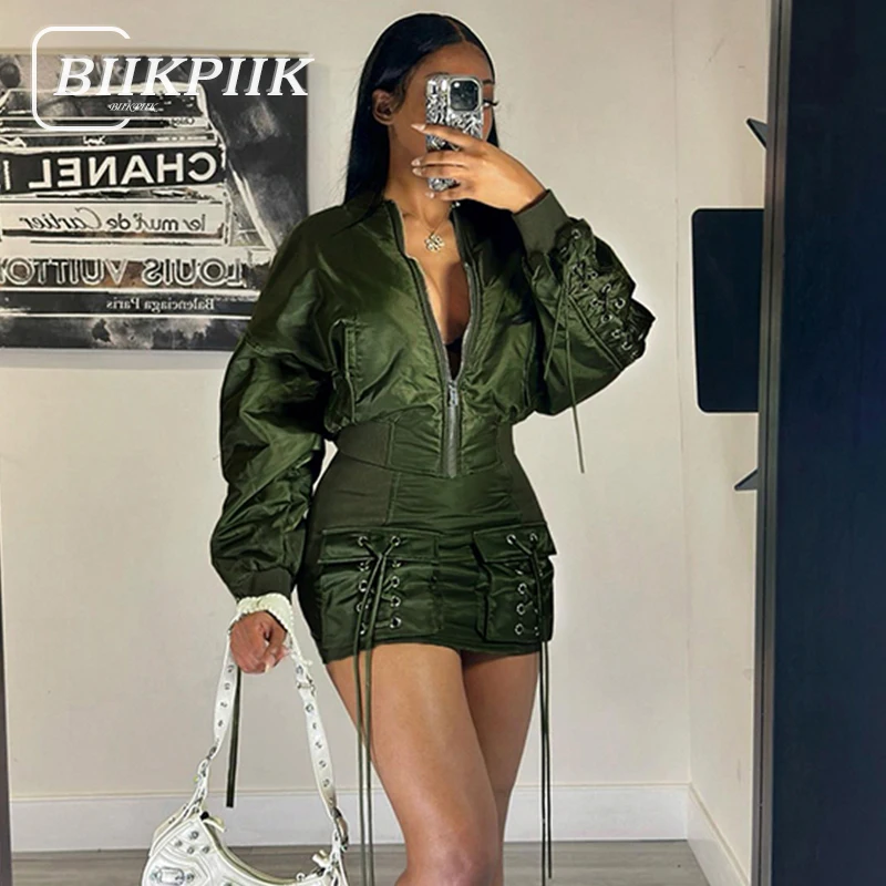 Top Trends: BIIKPIIK Fashion Bandage Women Sets Streetwear Suits Jacket + Pocket Skirt Moto Style Warm Outfits Autumn Cargo Look Sexy Casual Shoppable Styles