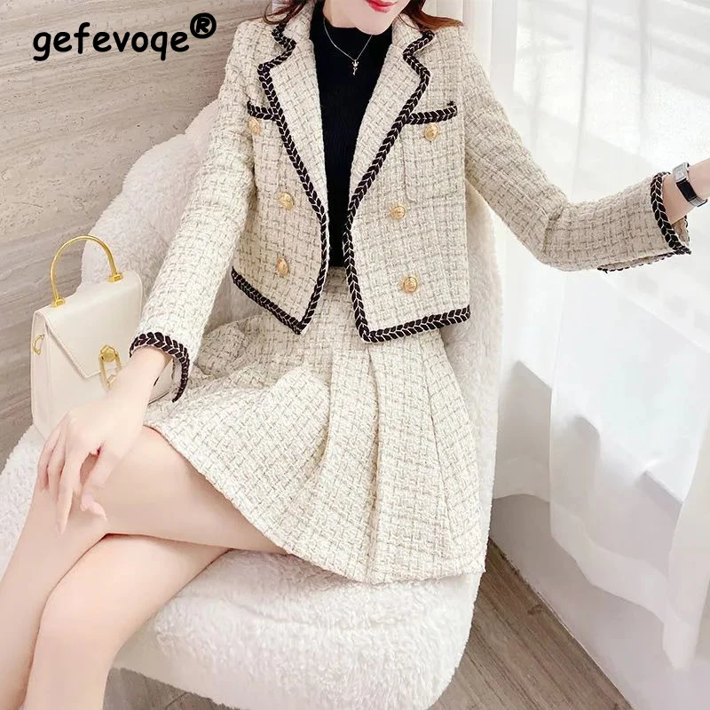 Top Trends: 2023 Autumn Winter Trendy Luxury Elegant Two Piece Set For Women Notched Collar Long Sleeve Chic Blazers Sexy Pleated Mini Skirt Shoppable Styles