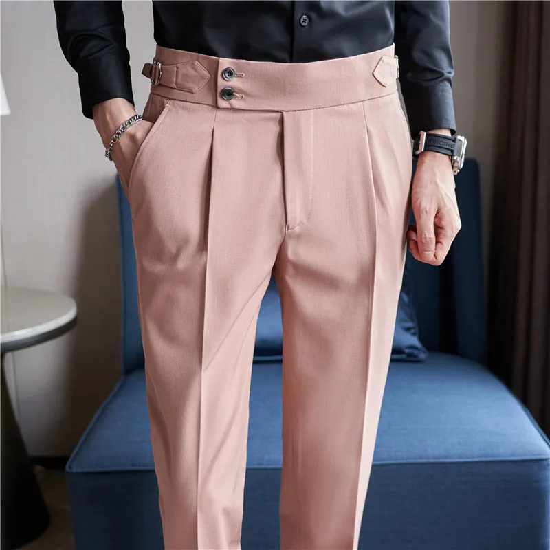 Top Trends: British Style Men High Waist Casual Dress Pant Men Belt Design Pink Trousers Formal Office Social Wedding Party Dress Suit Pants Shoppable Styles