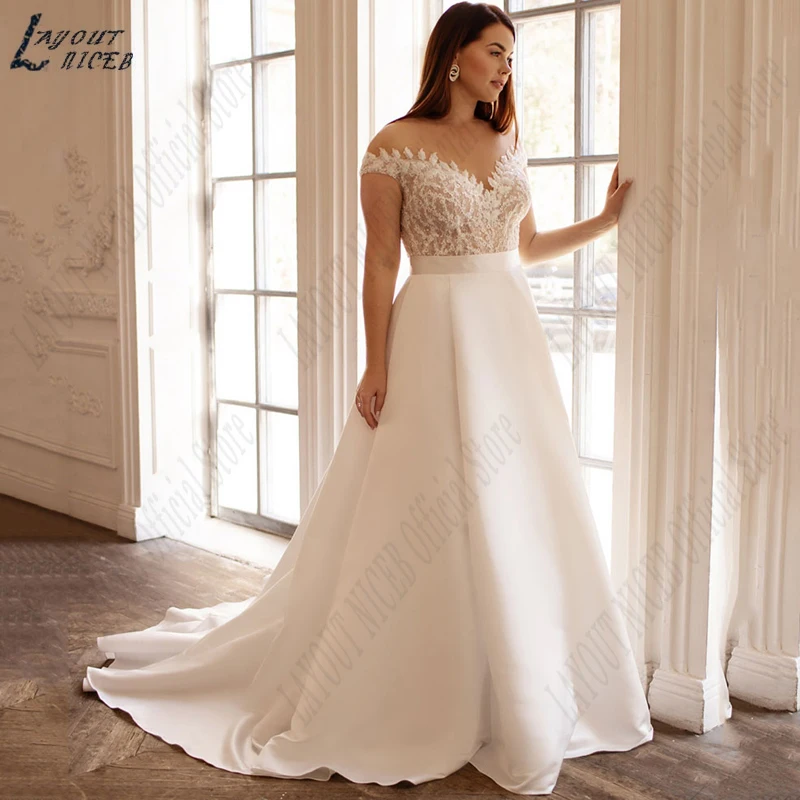 Top Trends: LAYOUT NICEB Illusion Lace Plus Size Wedding Dresses For Women Appliques Off Shoulder Bridal Gown Satin Vestido De Noiva Elegant Shoppable Styles