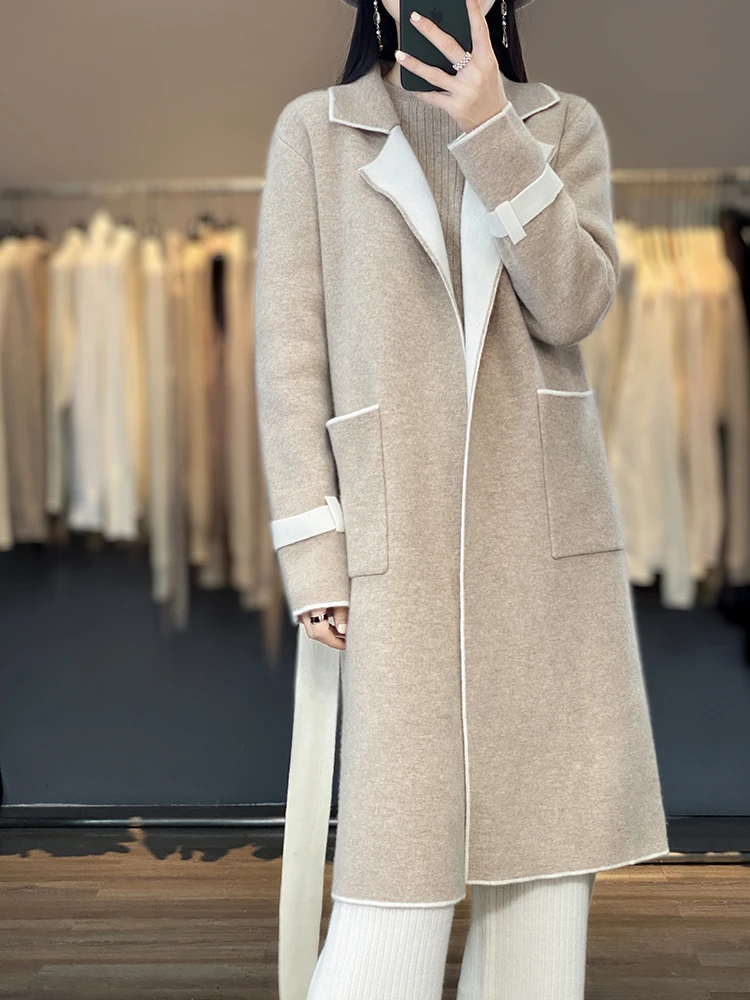 Top Trends: Autumn And Winter New 100% Pure Wool Mid Length Belt Design Elegant Contrast Color Wool Cardigan Women&#039;s Coat Coat Shoppable Styles