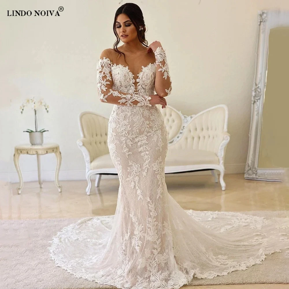 Top Trends: LINDO NOIVA Lace Mermaid Wedding Dress V-Neck Appliques Off Shoulder Dress For Garden Wedding Vestidos De Novia Boda Civil Shoppable Styles