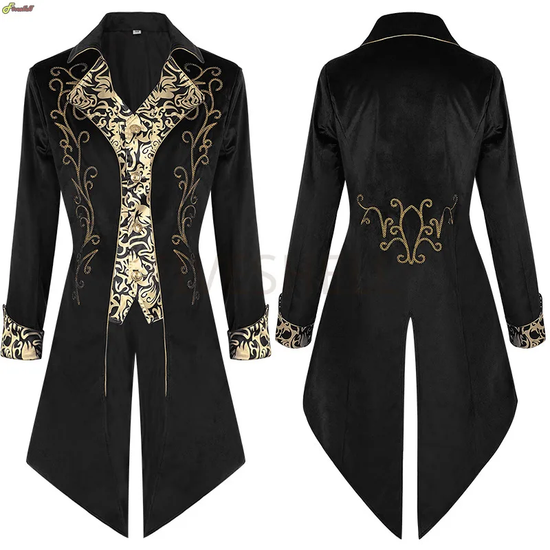 Top Trends: Men Medieval Red Gold Cosplay Steampunk Costume Velet Stand Collar Tailcoat Gothic Vampire Cosplay Jacket Coats Shoppable Styles