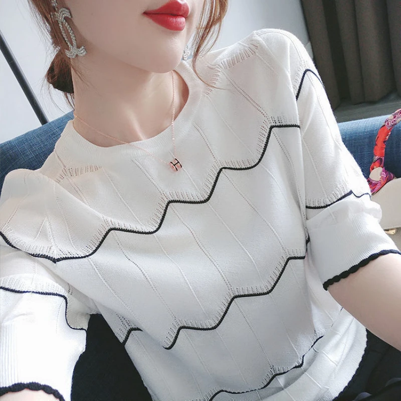 Top Trends: Ice Silk Summer Women's New Short-Sleeve Korean Versatile Stripe Printed Shirt Solid Color Round Neck Panel Hollow Leisure 2023 Shoppable Styles