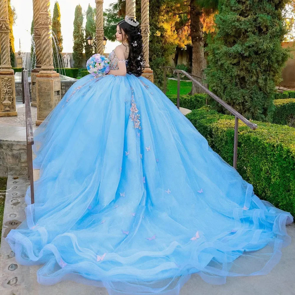 Top Trends: ANGELSBRIDEP Light Blue 3D Flowers Quinceanera Dresses Off The Shoulder Beading Appliques Mexican Girls Sweet 16 Prom Ball Gown Shoppable Styles - Image 3