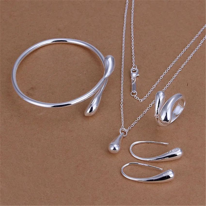 Top Trends: Hot Pretty 925 Sterling Silver Water Drop Pendant Bangle Bracelet Necklace Earring Ring For Women Fashion Party Gift Jewelry Set Shoppable Styles