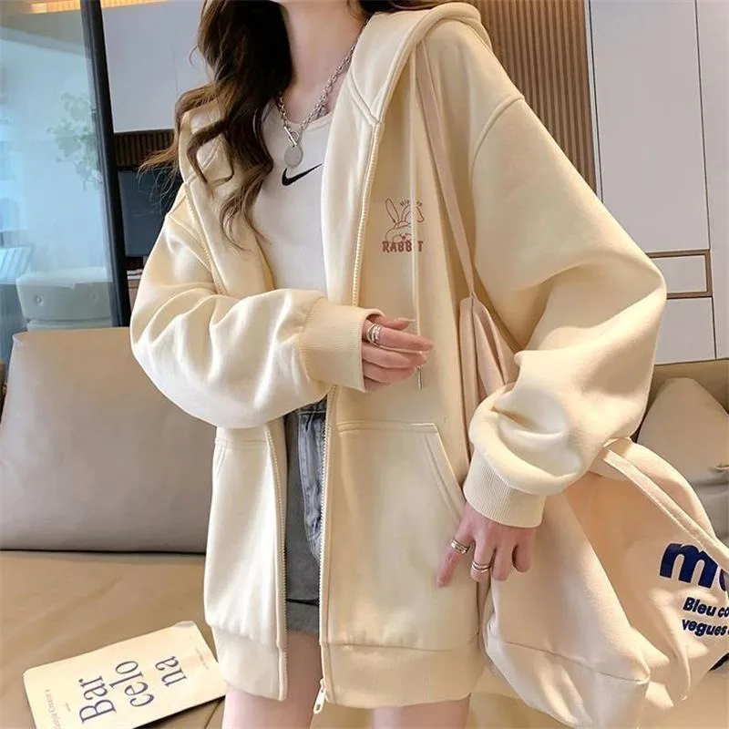 Top Trends: Harajuku Kawaii Grey Zip Up Hoodie Women Sweet Cute Cartoon Beige Hooded Sweatshirts Oversize Korean Fleece Girly Y2k Hooded Top Shoppable Styles