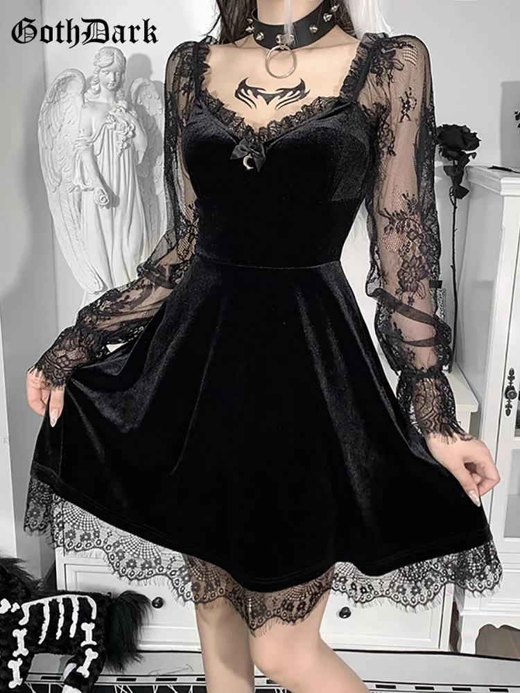 Top Trends: Goth Dark Velour Gothic Aesthetic Vintage Dresses Women&#039;s Lace Patchwork Grunge Black Dress Long Sleeve A-line Autumn Partywear Shoppable Styles