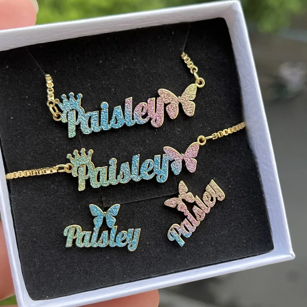 Top Trends: DUOYING Bling Custom Name Necklace Colorful Butterfly Earring Studs Stainless Steel Nameplate Chain Bracelet For Kids Jewelry Shoppable Styles