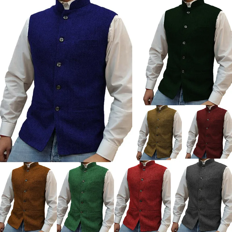 Top Trends: Men's Suit Vest Elegant Sleeveless Stand Collar Business Button Slim Fit Herringbone Waistcoat For Wedding Shoppable Styles