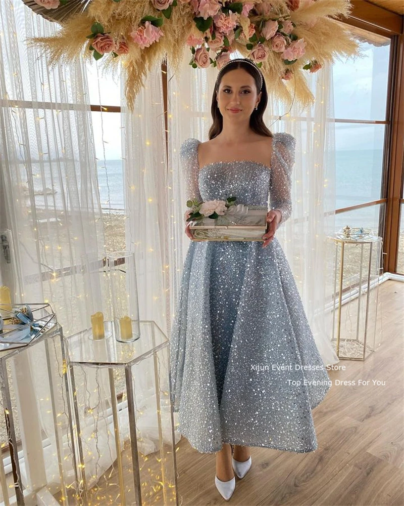 Top Trends: Xijun Blue Wedding Dress Sequined Short Long Sleeves Bridal Gowns Prom Dresses 2023 Saudi Arabric Wedding Party Dress Luxury Shoppable Styles