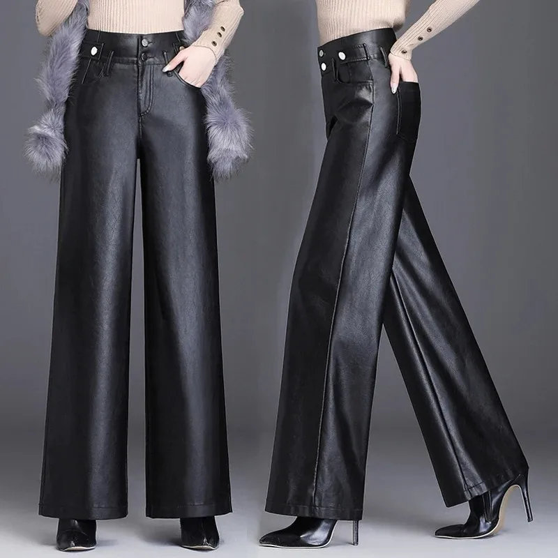 Top Trends: Fashion Leather Pants Women High Waist Long Section Wide Leg Pants Autumn Winter Loose PU Leather Trousers Was Thin Large Size Shoppable Styles