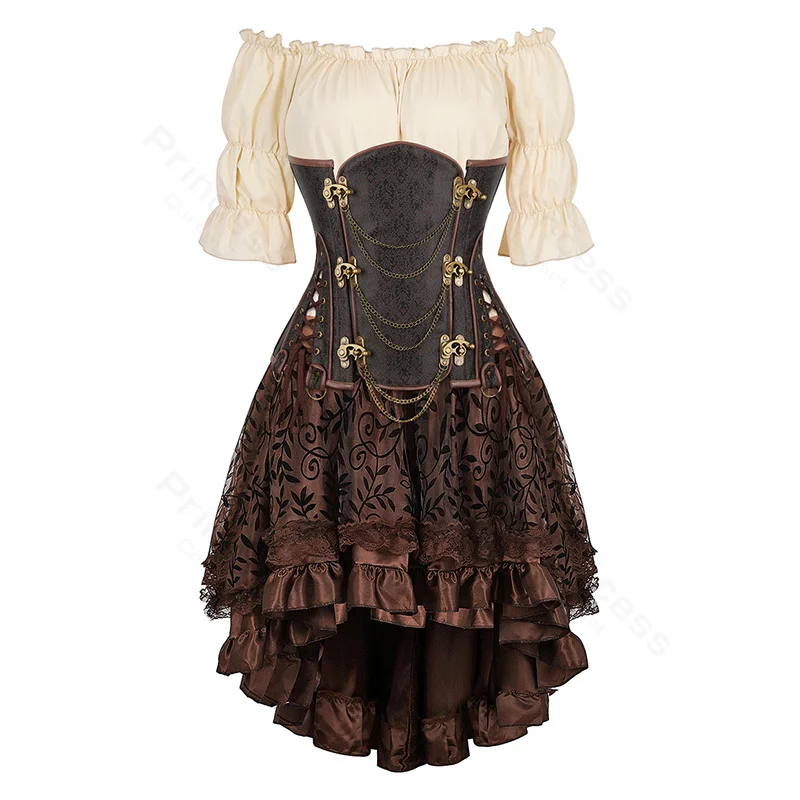 Top Trends: Steampunk Corset Dress Brown Pirate Costume Blouse Shoulder Off Underbust Corset Plus Size Cosplay Pirate Dresses For Women Shoppable Styles