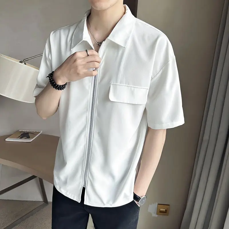 Top Trends: Loose Jackets Turn-down Collar Simplicity Handsome Short Sleeve Temperament Solid Zipper Spring Summer Thin Men's Clothing 2023 Shoppable Styles