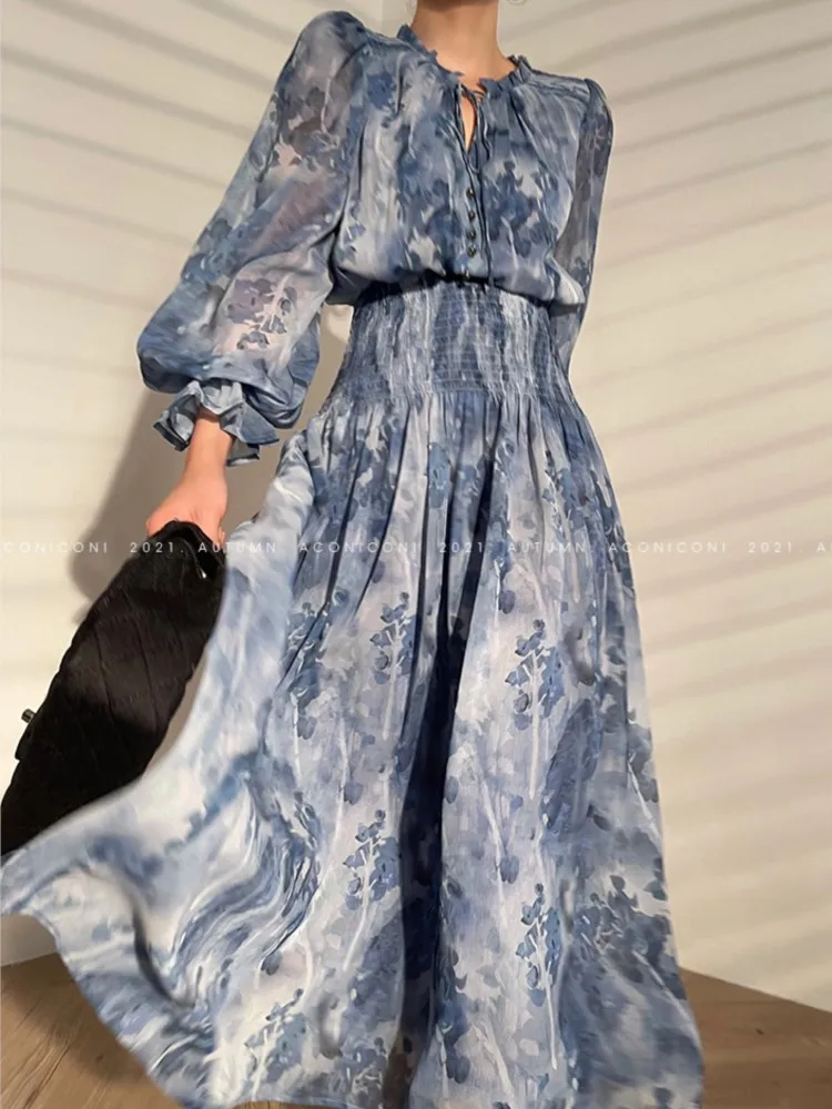 Top Trends: New Vintage V Neck Single-Breasted Print Long Dress Women Fashion A Line Blue Party Robe Vestdios Lady Lantern Sleeve Clothes Shoppable Styles