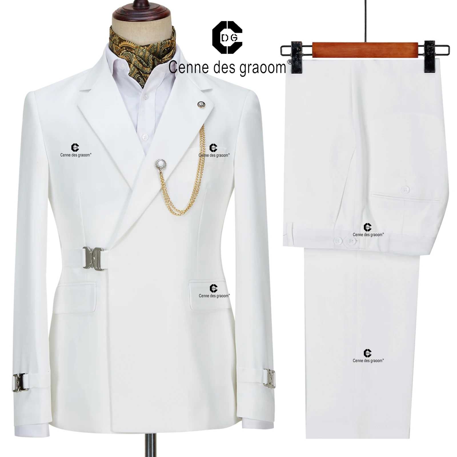 Top Trends: Cenne Des Graoom 2022 Summer New White Blazer Jacket Pants Set Suits For Men Metal Side Release Buckle Wedding Party Prom Dress Shoppable Styles