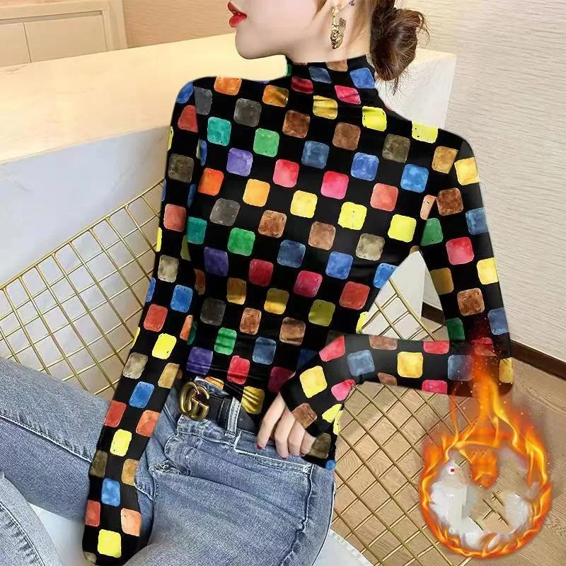 Top Trends: Women&#039;s Half High Collar Underlay Autumn And Winter New Fashion Commute Printing Plaid Long Sleeve Pullover T-shirt Slim Tops Shoppable Styles