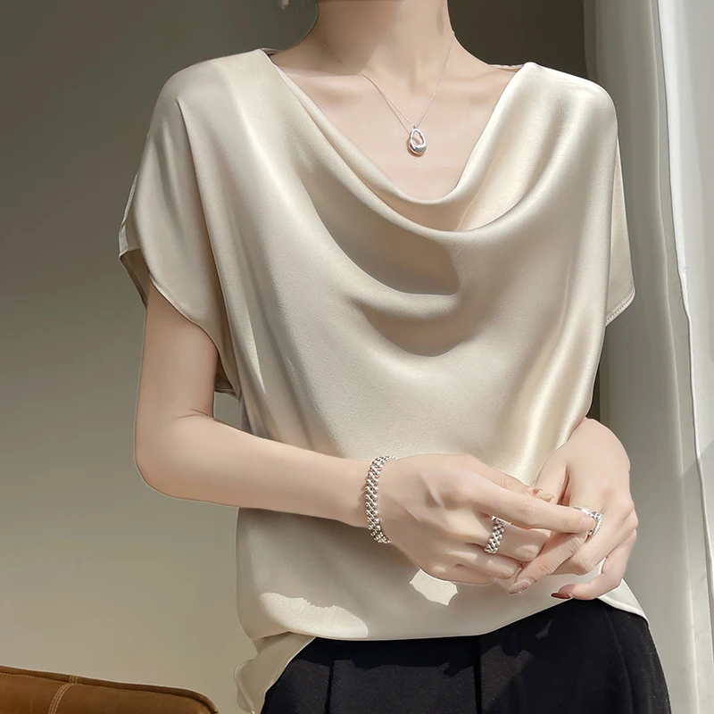 Top Trends: Summer New Round Neck Satin Silk Half Sleeve Female Commuter Joker Acetic Short Sleeve T-shirt Shoppable Styles