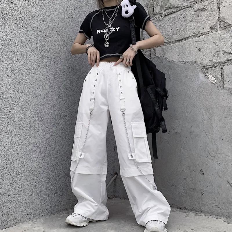 Top Trends: White Cargo Pants Woman Oversized Hippie Streetwear Pocket The Chain Elastic High Waist Trousers Baggy Korean Style Fashion Shoppable Styles - Image 5