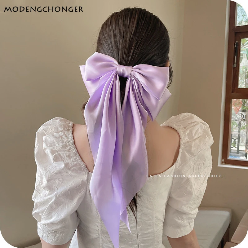 Top Trends: Fashion Summer Oversize Barrette Bow Clip For Woman Girls Chiffon Hairpin Long Satin Ribbon Purple Big Bowknot Hair Accessories Shoppable Styles