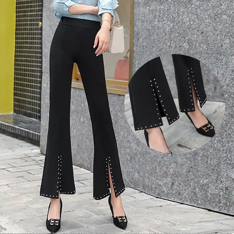 Top Trends: Spring New High Waist Lace Flare Pants Black Plus Size Elastic Waist Slit Hem Wide Leg Trousers Elegant Fashion Women Clothing Shoppable Styles