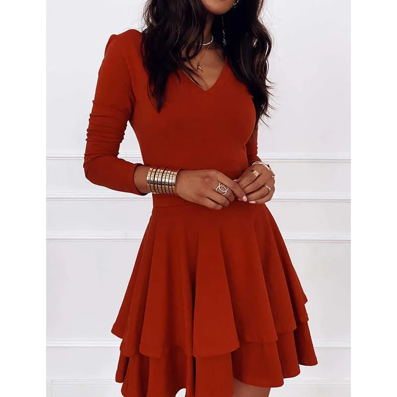 Top Trends: 2023 NEW Autumn V-Neck Solid Color Fashion Mid Waist Pullover Panel Bottom Fashion Versatile Style Long Sleeve Women's Dress Shoppable Styles