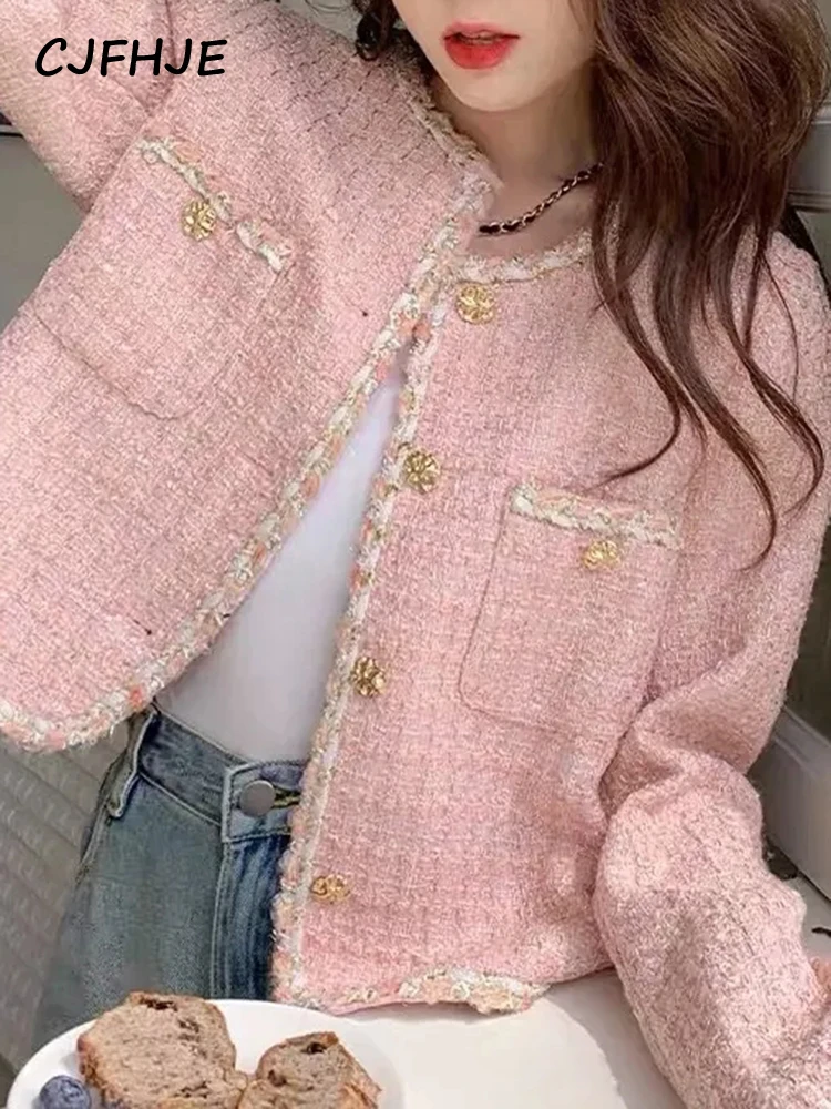 Top Trends: CJFHJE Korean Style Vintage Elegant Lady Tweed Jackets Pink Long Sleeve Suit Coat Women Autumn Winter Short Black Blazers Female Shoppable Styles