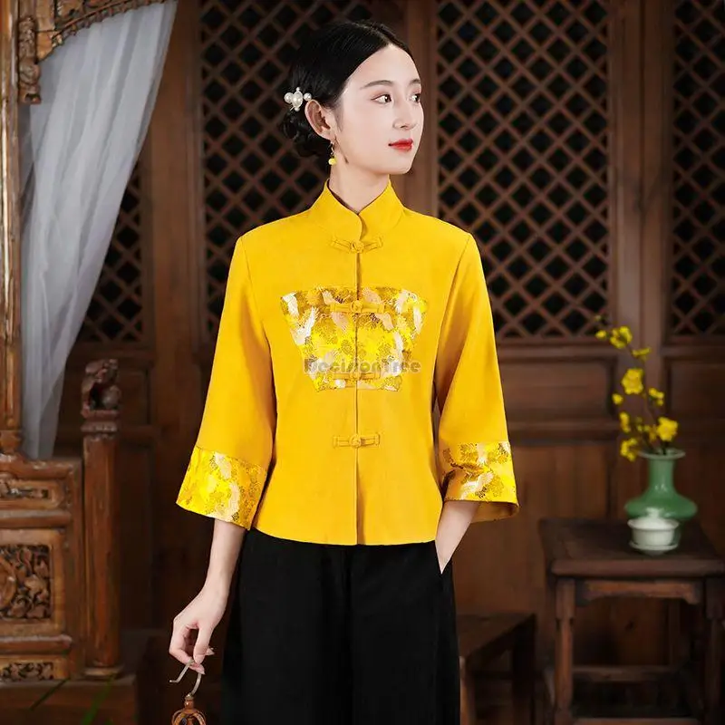 Top Trends: Chinese Blouse Coat Women Spring Autumn Cheongsam Style Tang Suit Chinese Style Retro Disc Button Long Sleeve Stand Collar Top Shoppable Styles